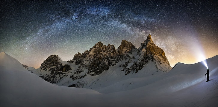 brown rock mountains, nature, landscape, Milky Way, snow, snowy peak, HD wallpaper