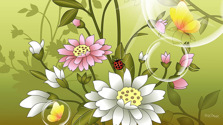 Flowers Devine, ladybug, lady bug, white, summer, green, pink, HD wallpaper