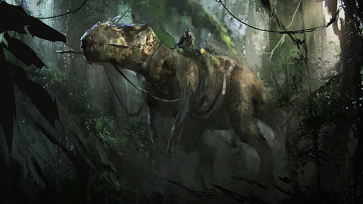 tyrannosaurus rex in the woods illustration, T-Rex, dino, dinosaur, HD wallpaper