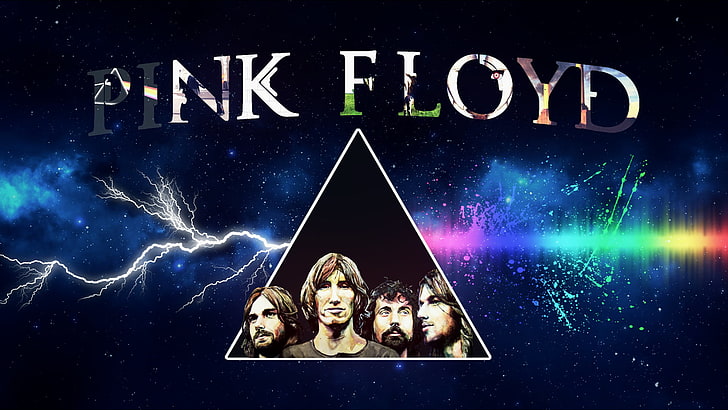 Pink Floyd illustration, triangle, sky, lightning, rainbows, stars