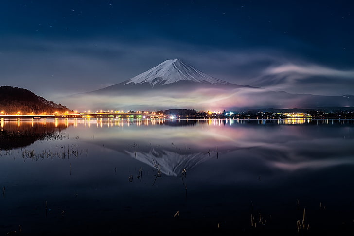 Mt. Fuji, nature, reflection, mountains, snowy peak, mountain pass, HD wallpaper