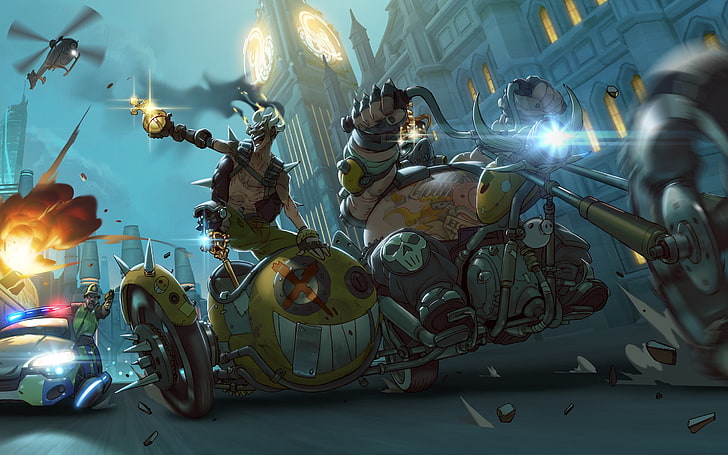 two character riding a tricycle digital wallpaper, overwatch, HD wallpaper