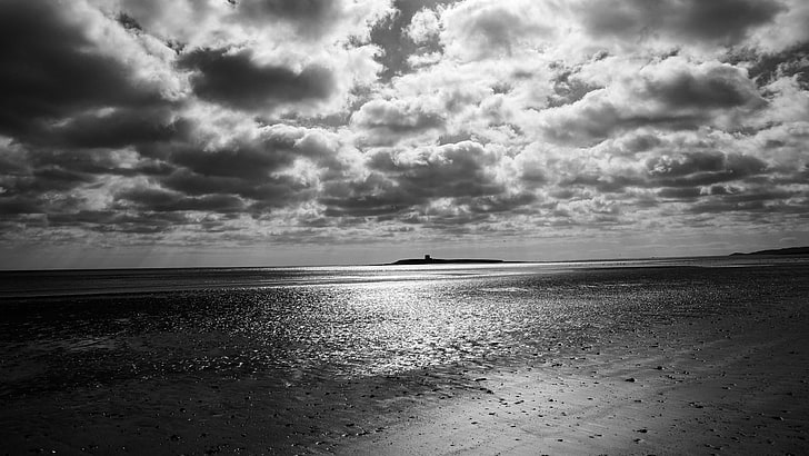 black and white, clouds, sky, sea, horizon, water, beach, reflections