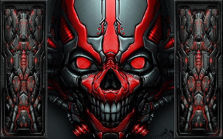 red and black character decor, skull, close-up, no people, full frame