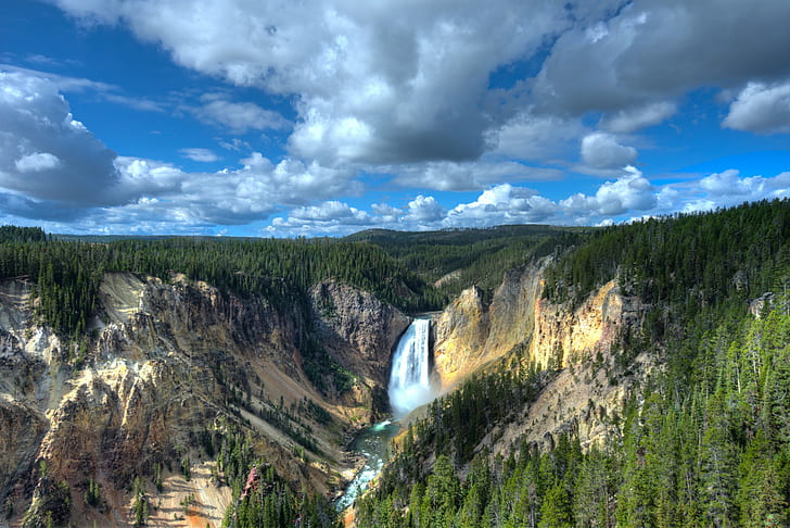 Yellowstone Lower Falls, Wyoming, USA, rocks, forest, landscape, HD wallpaper