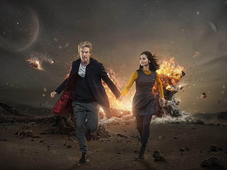 Doctor Who Explosion, man and woman holding each other's hand