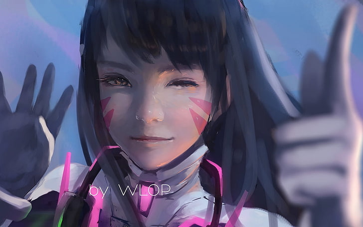 animated female character illustration with text overlay, D.Va (Overwatch), HD wallpaper