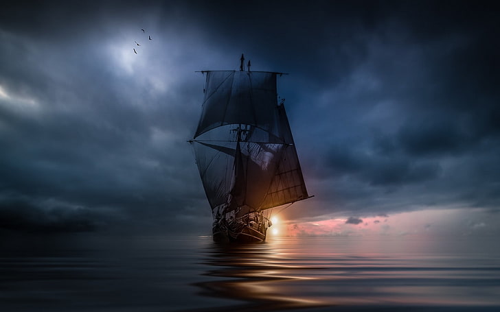 brown ship, landscape, nature, sea, clouds, sunset, sailing ship
