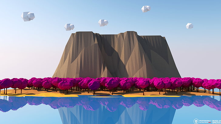 brown mountain 3D perspective illustration, low poly, trees, mountains