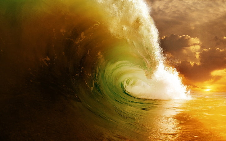 waves, sunset, colorized photos, sea, power in nature, motion, HD wallpaper