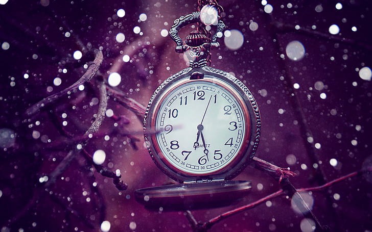 Clockwork, Clocks, Pocketwatch, Time, Purple, Bokeh, silver pocket watch, HD wallpaper