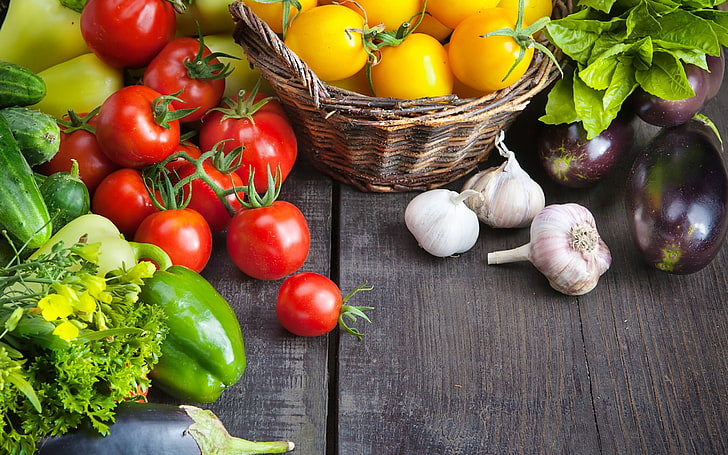 assorted-variety of fruits and vegetables, food, tomatoes, eggplant