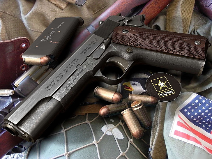 Weapons, Colt 1911, gun, high angle view, handgun, flag, still life
