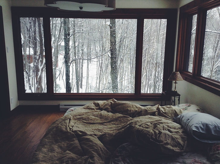 bed, winter, snow, window, indoors, no people, home interior