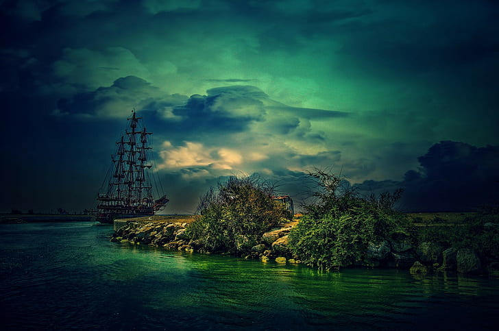 fantasy art, sea, clouds, ship, sailing ship