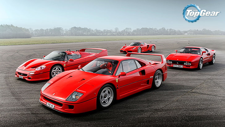 four red Ferrari sports coupes, Top Gear, F40, Sky, Grass, Enzo, HD wallpaper