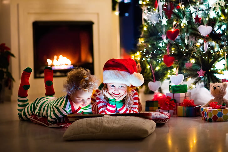 Christmas, Kids, Presents, 4K, Decoration, Santa hat