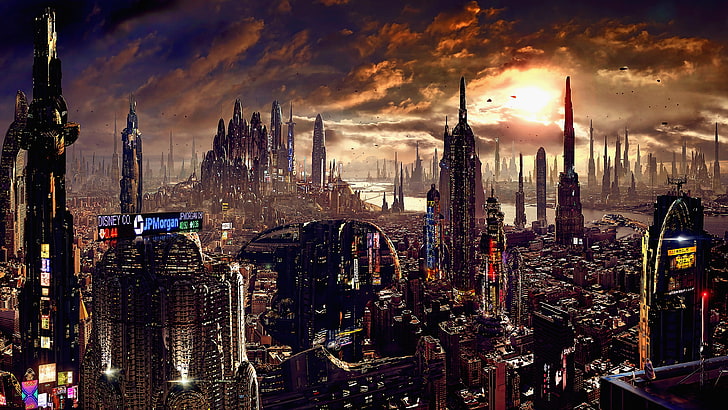 city buildings illustration, artwork, futuristic city, science fiction, HD wallpaper