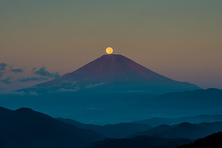brown mountain, nature, mountains, Moon, Mount Fuji, Japan, landscape, HD wallpaper