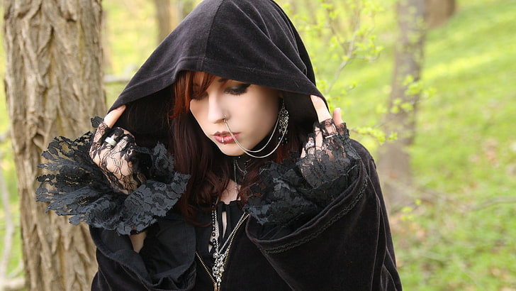women's black hoodie, Gothic, piercing, nose rings, redhead, women outdoors, HD wallpaper