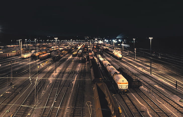 night, railway, train, vehicle, HD wallpaper
