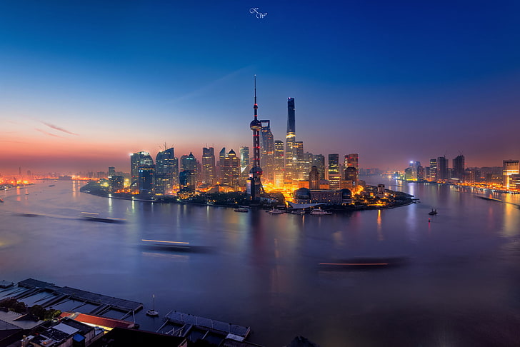 Shanghai, China, city, long exposure, water, city lights, building exterior