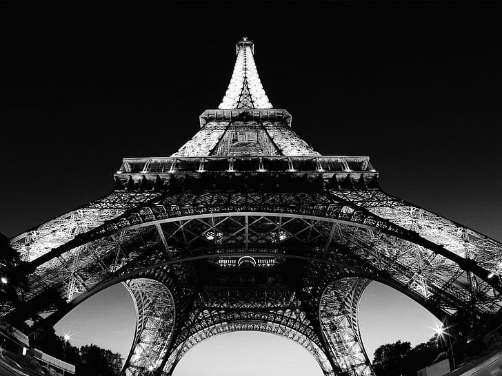 Eiffel Tower, Paris, black, white, France, cityscape, worm's eye view