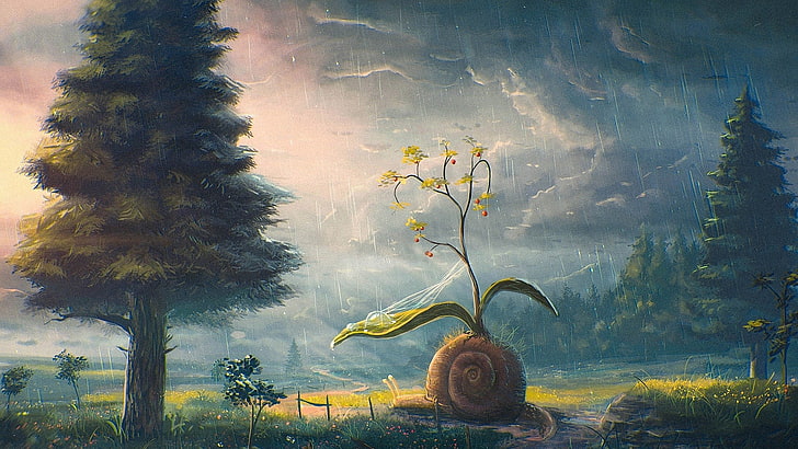 tree with cloudy sky wall art, Sylar, fantasy art, rain, nature, HD wallpaper