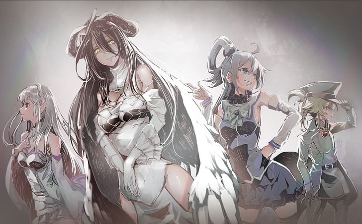 Anime, Crossover, Albedo (Overlord), Aqua (KonoSuba), Emilia (Re:ZERO), HD wallpaper
