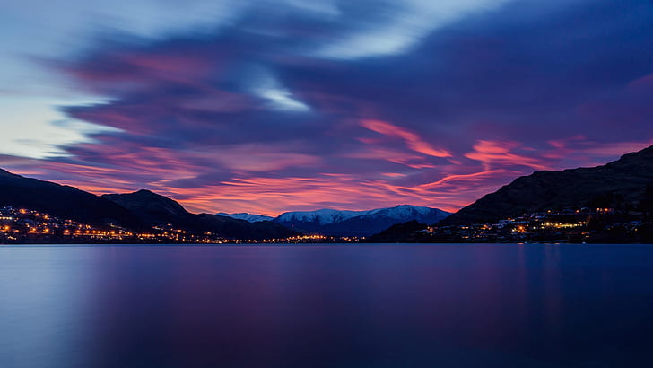 lake, dawn, mountains, horizon, sunrise, city lights, landscape, HD wallpaper