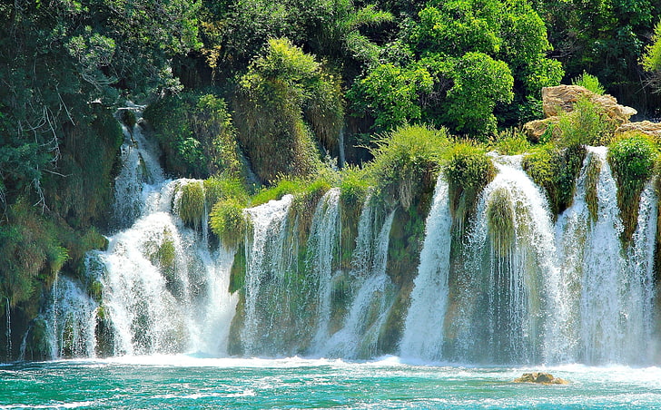 green leafed trees, waterfalls, Croatia, national Park, Plitvice lakes, HD wallpaper