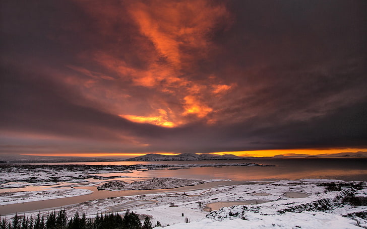 snow mountain, nature, landscape, Iceland, sunset, cloud - sky, HD wallpaper