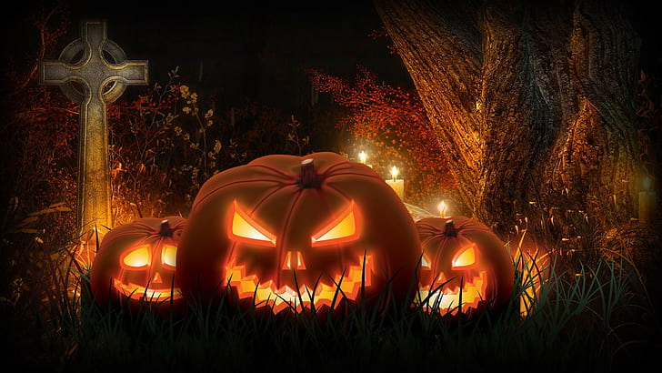 Halloween, holiday, night, rendering, pumpkin, cross, HD wallpaper