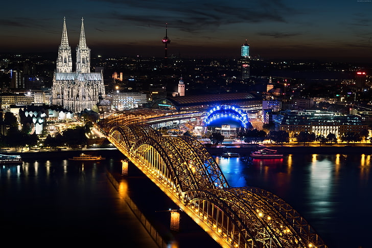 Hohenzollern bridge, night, Europe, Cologne, Cologne Cathedral