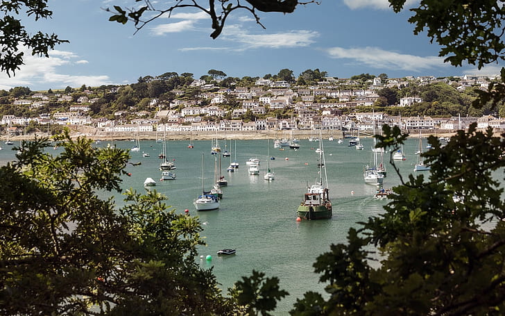 trees, England, yachts, panorama, boats, harbour, Cornwall