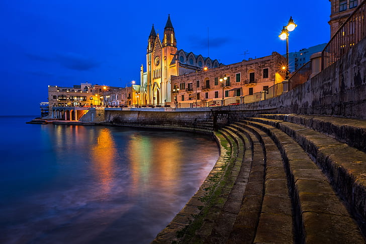 water, lights, Cathedral, promenade, Malta, Valletta