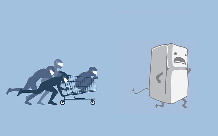 four person pushing shopping cart through running refrigerator