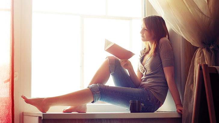 women's gray cardigan, books, window, feet, jeans, redhead, one person, HD wallpaper
