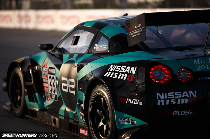 black and teal Nissan GT-R Nismo stock car, Speedhunters , text