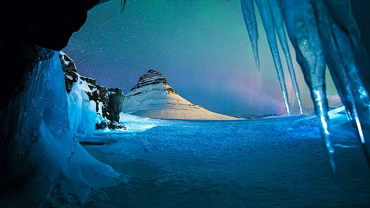 aurora borealis, ice cave, light, kirkjufell, icicle, grundarfjorour
