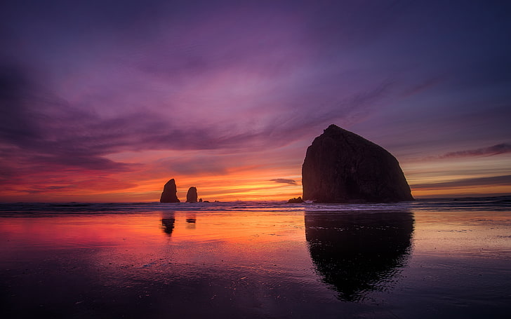 silhouette of mountain, landscape, sunset, sea, purple sky, beach, HD wallpaper