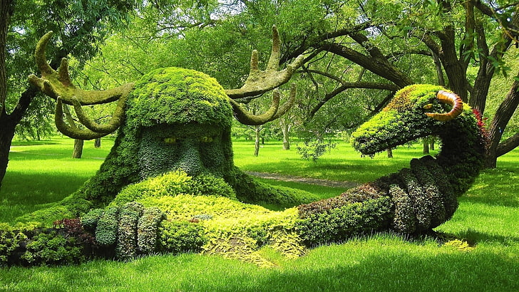 green grass, creativity, nature, sculpture, moss, trees, plant