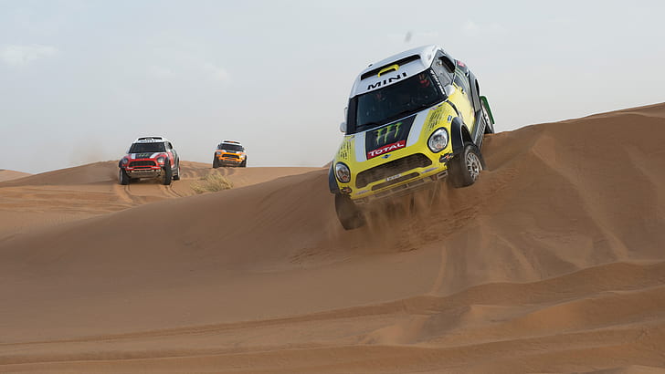 Mini Cooper, car, desert, sand dunes, HD wallpaper