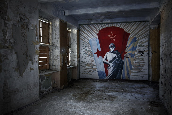 red, gray, and brown graffiti, architecture, interior, abandoned