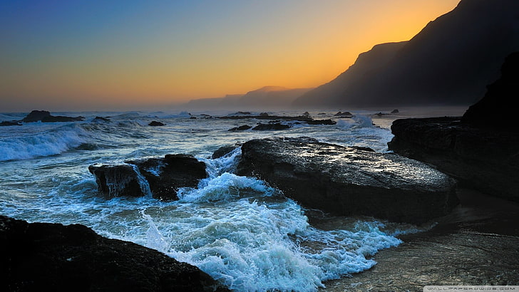 beach, coast, sea, sunset, rocks, water, beauty in nature, sky, HD wallpaper