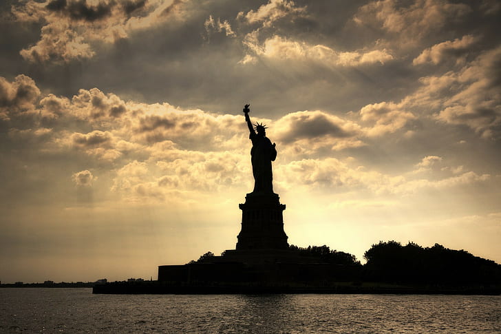 silhouette, Statue of Liberty, clouds, USA, New York City