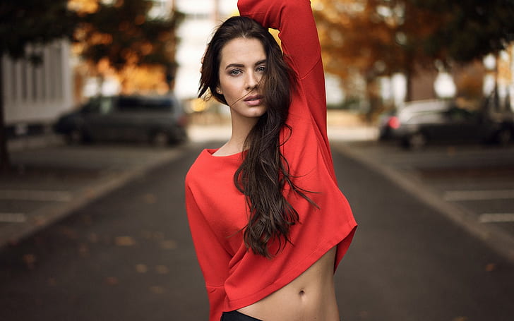 Beautiful girl, red dress, street, women's red long sleeve crop top, HD wallpaper