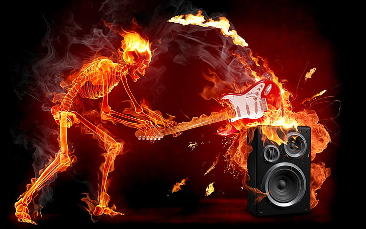 black stereo speaker, guitar, fire, music, skeleton, skull, digital art