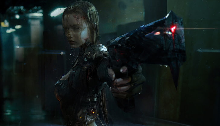 woman holding pistol digital wallpaper, cyberpunk, gun, women, HD wallpaper