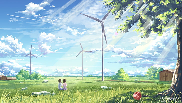 windmills and children sitting on grass fields painting, anime